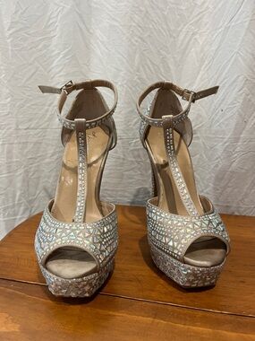 Thalia Sodi Champagne Mosaic T-Strap Platform Heels